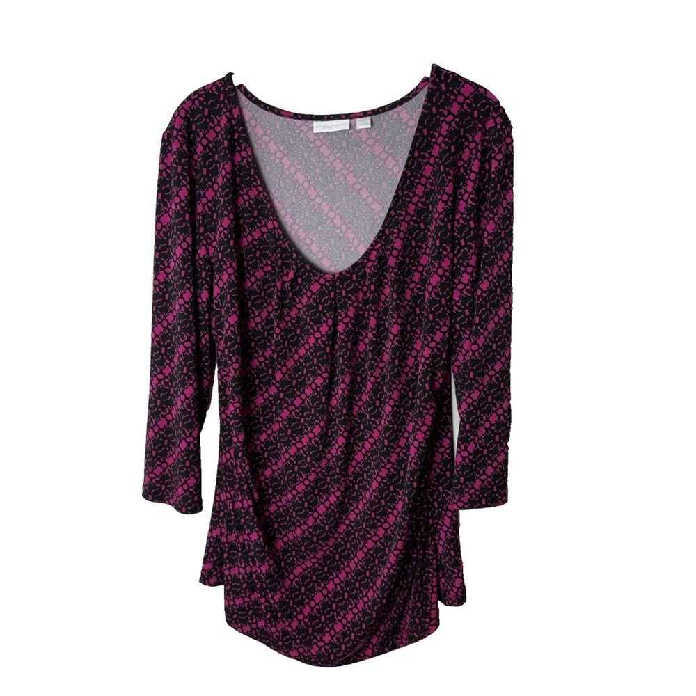 New York & Co Blouse Size XL Top 3/4 Sleeves Stretch Dark Pink Black Scoop Neck